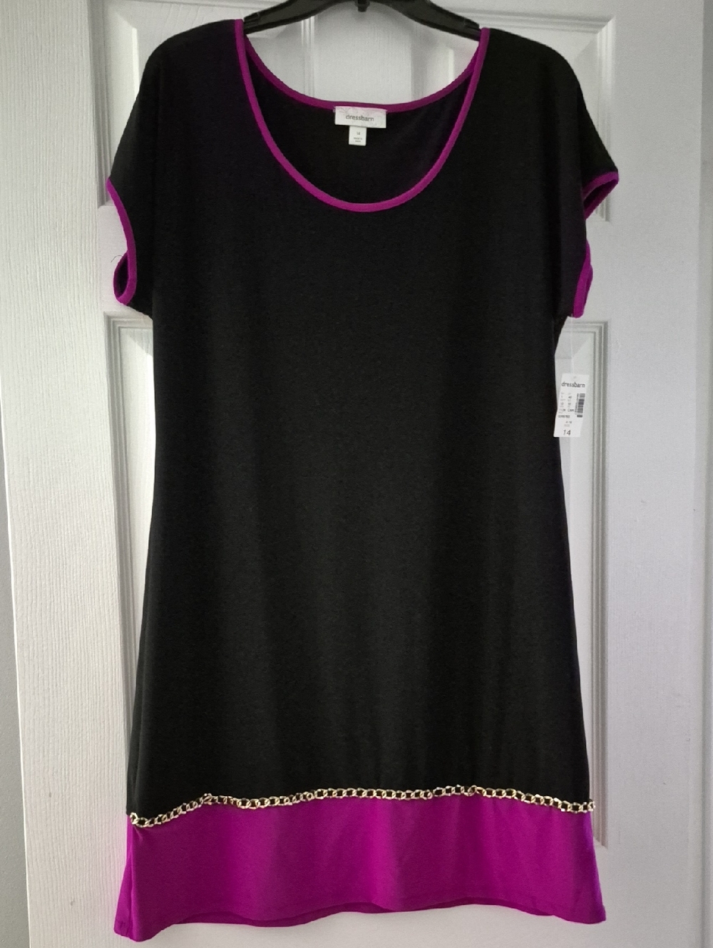 Dress Barn Black Mini Dress with Magenta Trim and Gold Chain Accent